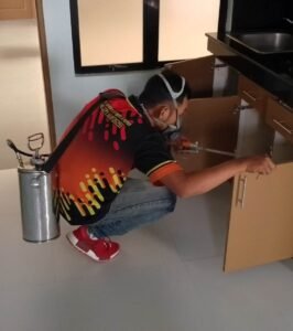Pest control technician applying treatment inside a kitchen cabinet using a professional fumigation canister.
