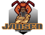Logo of Jansen Pest Control Bohol featuring a muscular man in overalls with a headband, backed by a fierce ant illustration, and bold orange-gray text.